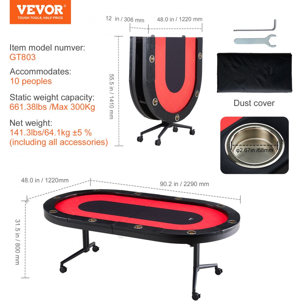 10 Player Foldable Poker Table, Blackjack Texas Holdem Poker Table with Padded Rails and Stainless Steel Cup Holders, Portable Folding Card Board Game Table, 90" Oval Casino Leisure Table