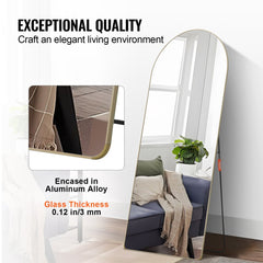 Black aluminum framed arched full-length mirror measuring 71"x30" with clear reflections.