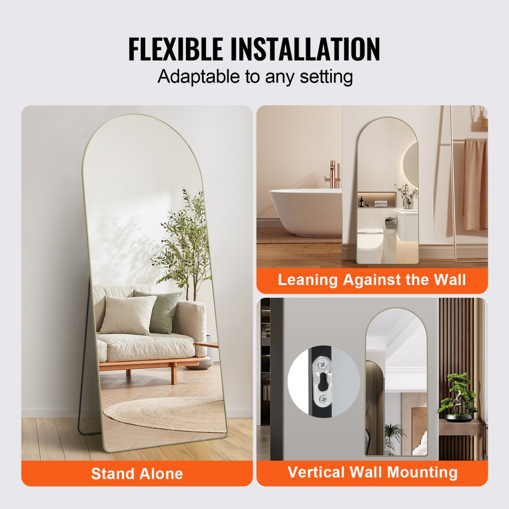 Black aluminum arched full length mirror measuring 71"x30" with explosion-proof tempered glass.