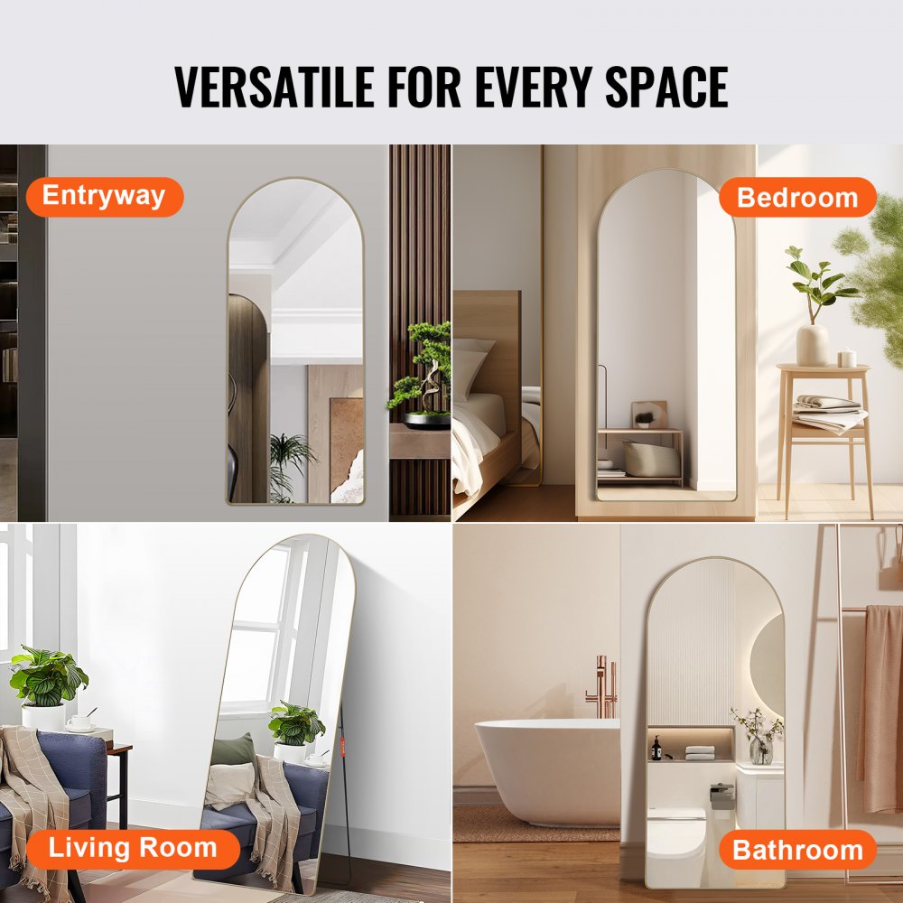 Full-length arched mirror with a black aluminum frame, 71"x30", featuring tempered glass.