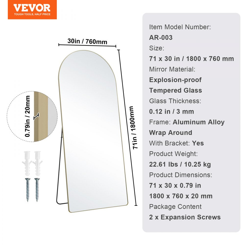 Black aluminum framed arched full length mirror measuring 71"x30" with clear reflections.