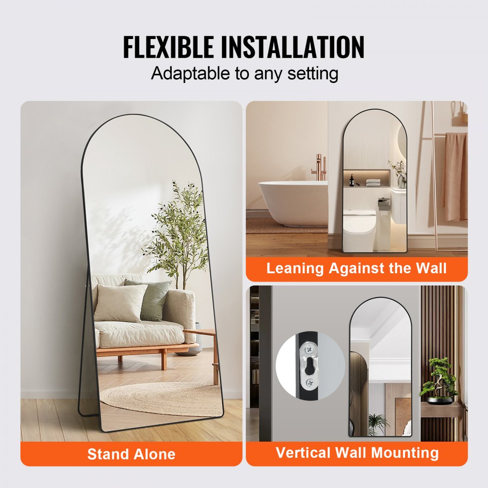 Arched full-length mirror with black aluminum frame, shown freestanding, leaning, and wall-mounted in various settings.