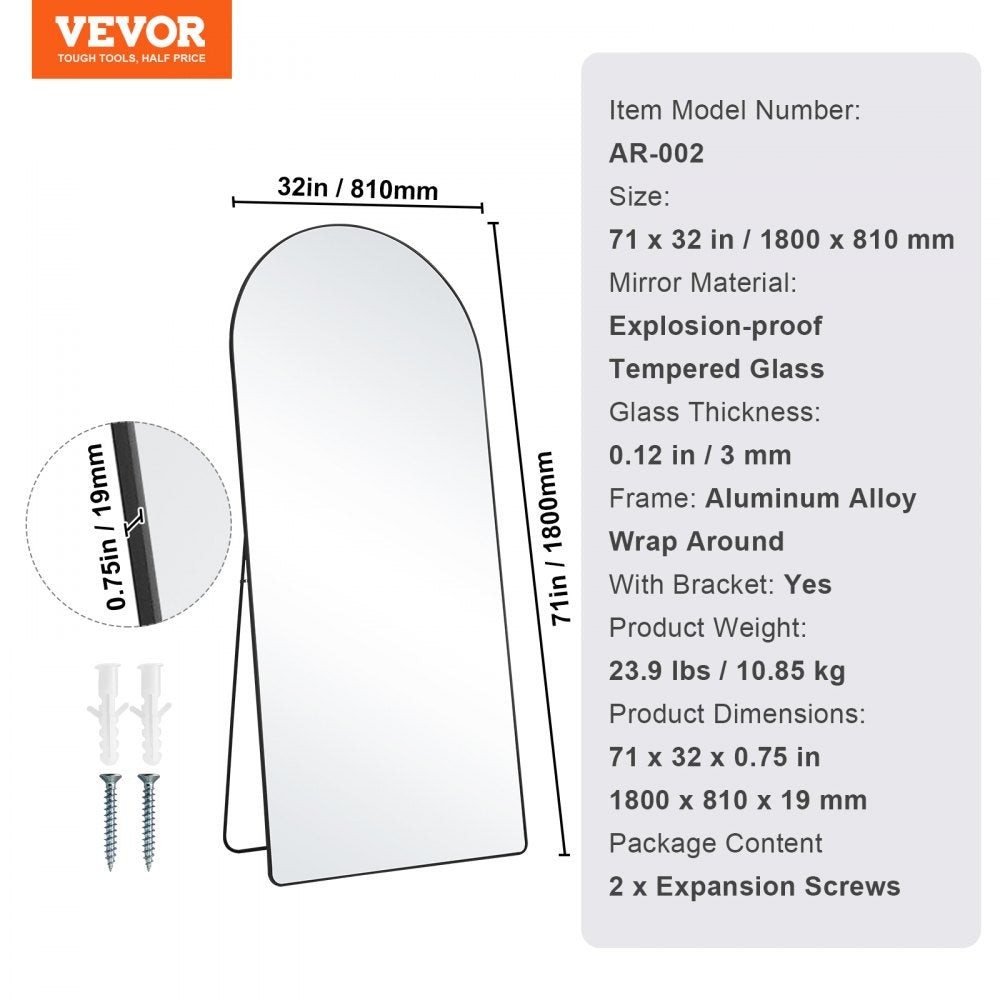 Arched full-length mirror, 71x32 inches, with black aluminum frame.