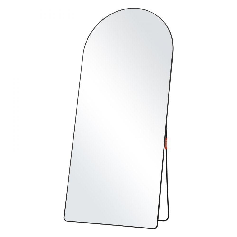 Arched full-length mirror with black aluminum frame, 71x32 inches.