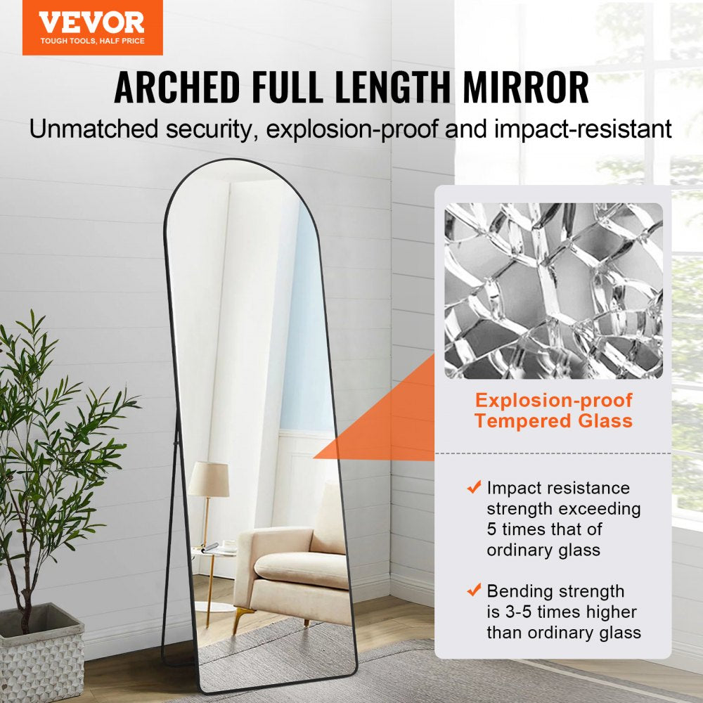 Full-length arched mirror with a 65"x22" black aluminum alloy frame and tempered glass.