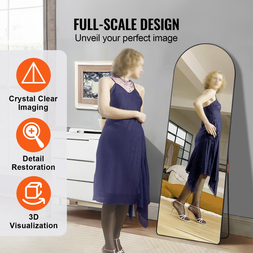 Full-length arched mirror in black aluminum alloy frame, measuring 65"x22".