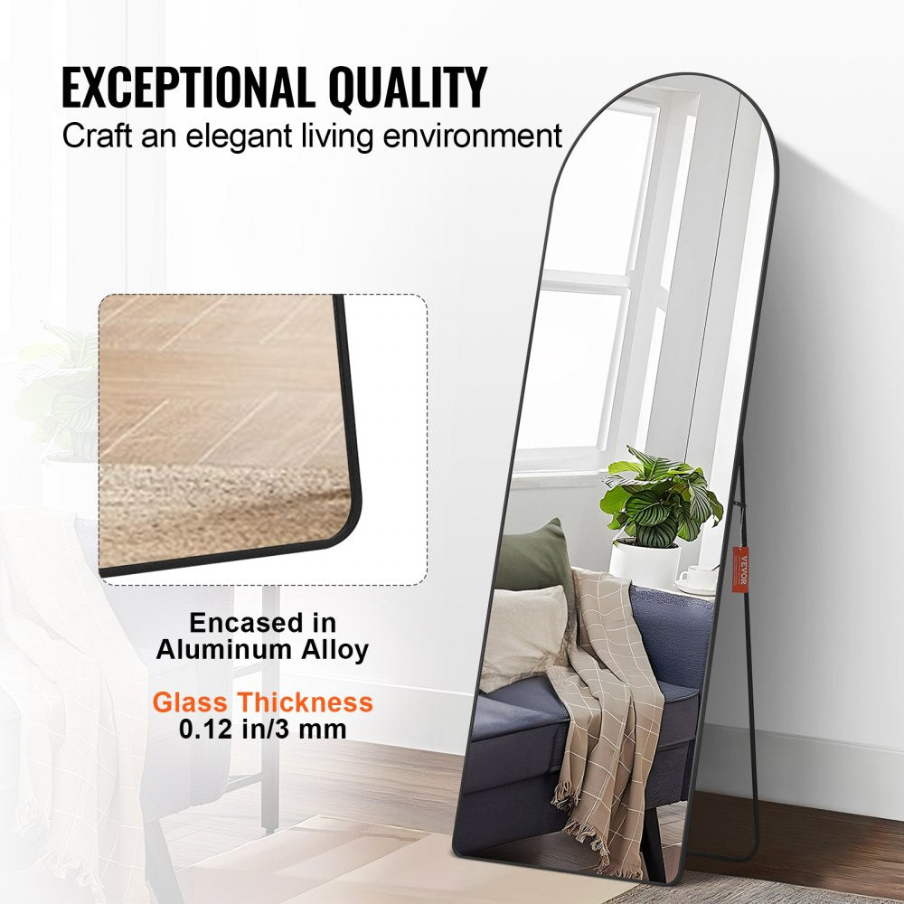 Full-length arched mirror with a black aluminum frame, measuring 65"x22".