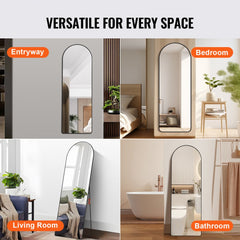 Black aluminum arched full-length mirror measuring 65"x22" with a durable frame.