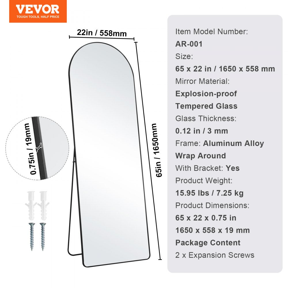 Black aluminum alloy framed arched full length mirror measuring 65"x22" with clear reflection.