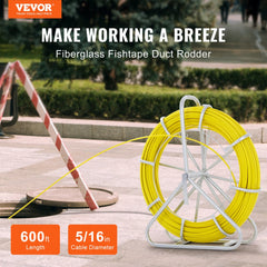 Fish Tape Fiberglass, 600 ft, 5/16 in, Duct Rodder Fishtape Wire Puller, Cable Running Rod with Steel Reel Stand, 3 Pulling Heads, Fishing Tools for Walls and Electrical Conduit, Non-Conductive