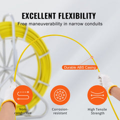 Fish Tape Fiberglass, 600 ft, 5/16 in, Duct Rodder Fishtape Wire Puller, Cable Running Rod with Steel Reel Stand, 3 Pulling Heads, Fishing Tools for Walls and Electrical Conduit, Non-Conductive