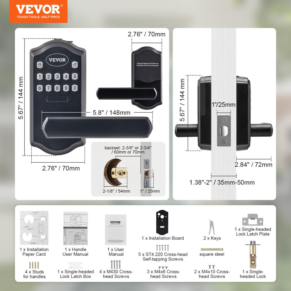 Keyless Entry Door Lock, Electronic Keypad Entry Lever, Password and Key Unlock Combination Door Lock, Auto-Locking Keypad Door Lock with Deadbolt for Front Door, Matte Black, 5.63 x 2.76 in