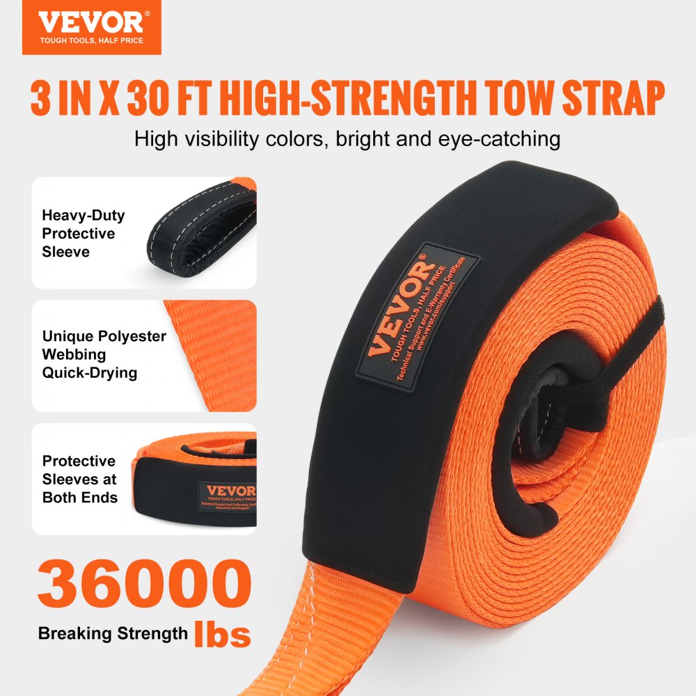 Polyester Heavy Duty Tow Strap Recovery Kit 3" x 30 ft (MBS-36,000 lbs) Winch Strap, Triple Reinforced Loop, Snatch Strap + 2" Shackle Hitch Receiver + 3/4" D-Ring Shackles (2PCS) + Storage Bag
