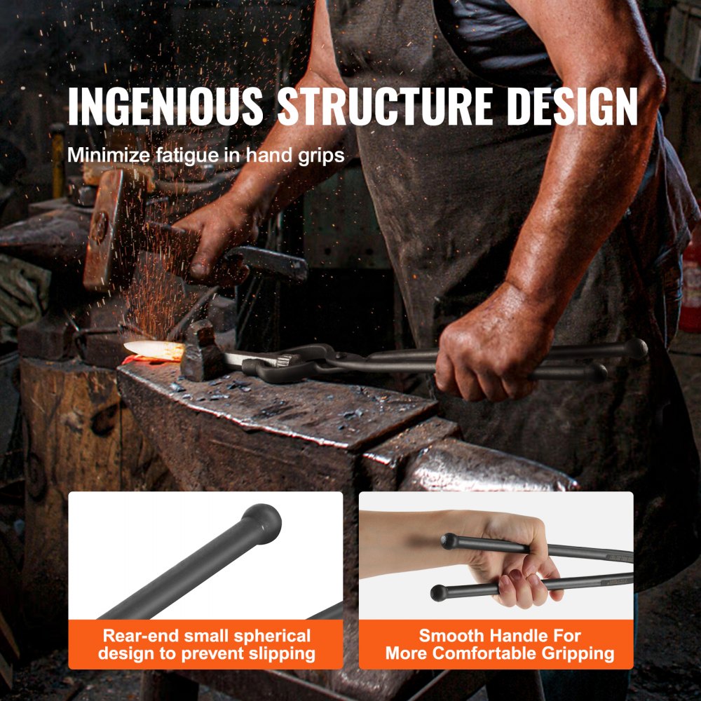 Blacksmith Tongs, 18” V-Bit Bolt Tongs, Carbon Steel Forge Tongs with A3 Steel Rivets, for Long, Irregular, and Nail-shaped Forgings, for Beginner and Seasoned Blacksmiths and Bladesmiths