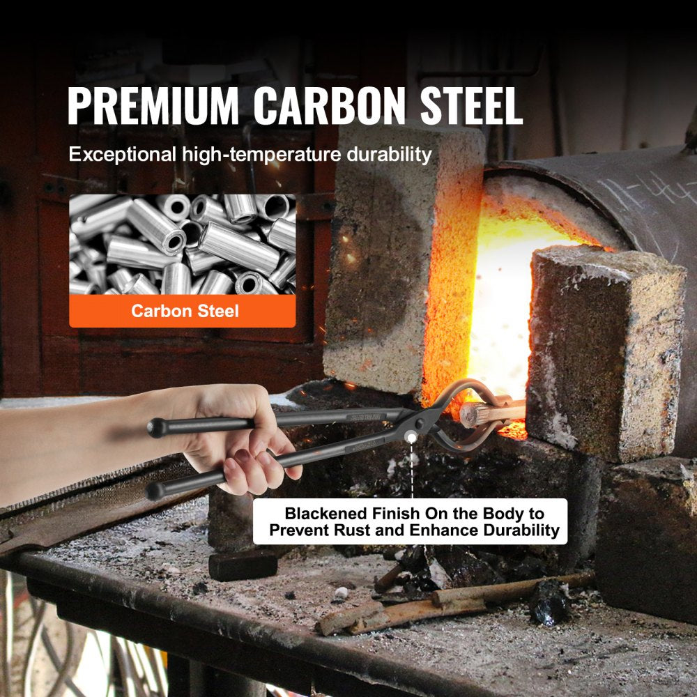 Blacksmith Tongs, 18” V-Bit Bolt Tongs, Carbon Steel Forge Tongs with A3 Steel Rivets, for Long, Irregular, and Nail-shaped Forgings, for Beginner and Seasoned Blacksmiths and Bladesmiths