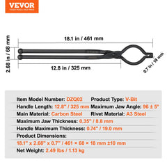 Blacksmith Tongs, 18” V-Bit Bolt Tongs, Carbon Steel Forge Tongs with A3 Steel Rivets, for Long, Irregular, and Nail-shaped Forgings, for Beginner and Seasoned Blacksmiths and Bladesmiths