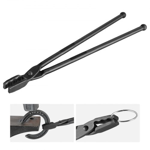 Bostome 18” blacksmith tongs with wolf jaw teeth, carbon steel, and A3 rivets for secure grip.