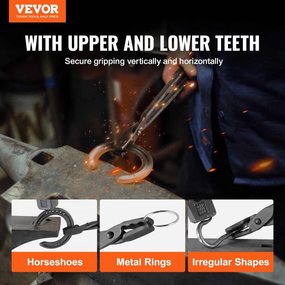 Blacksmith tongs with wolf jaw teeth gripping horseshoes, metal rings, and irregular shapes.