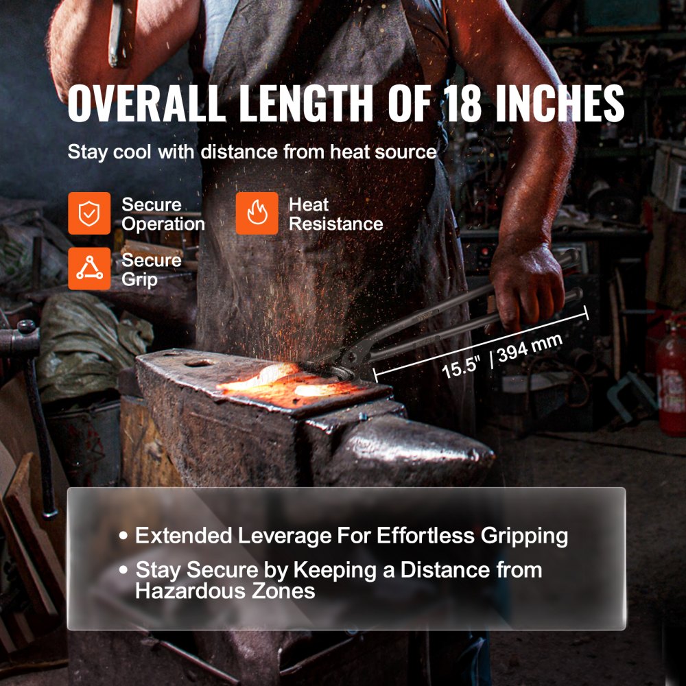 Blacksmith tongs with 18-inch carbon steel handles and secure wolf jaw grip for forging.