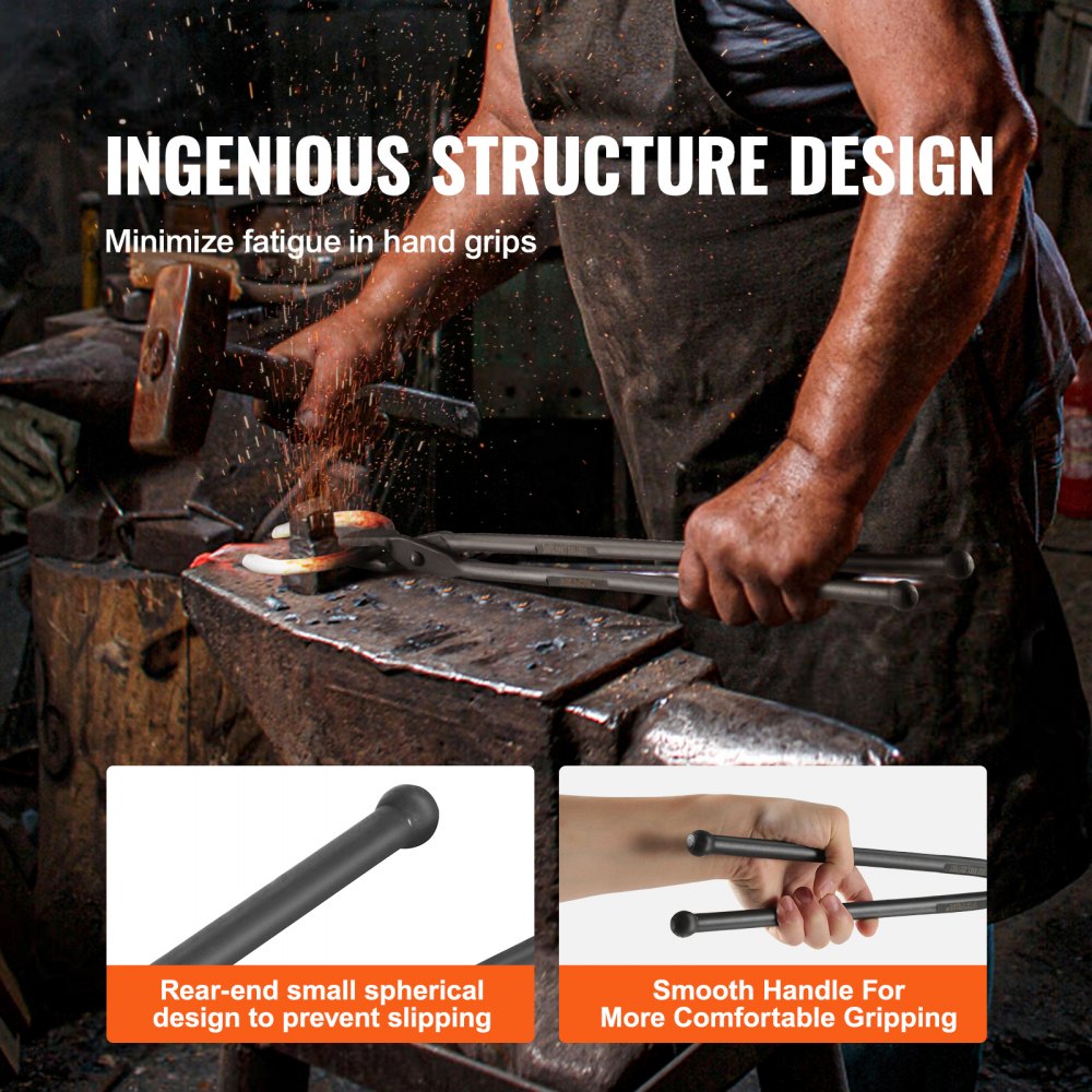 Bostome 18” blacksmith tongs with wolf jaw teeth and ergonomic black carbon steel handles.