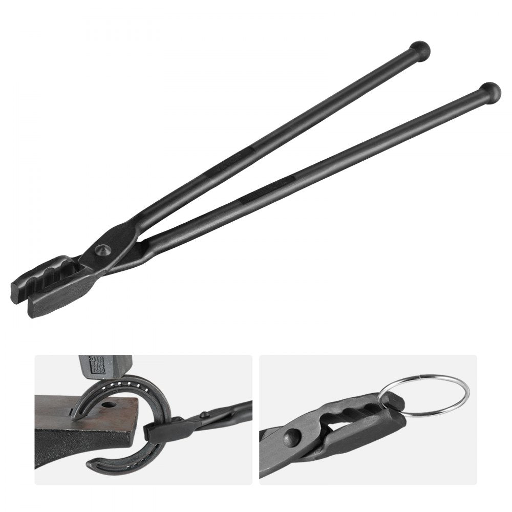 Bostome 18” blacksmith tongs with wolf jaw teeth, carbon steel, and A3 rivets for secure grip.