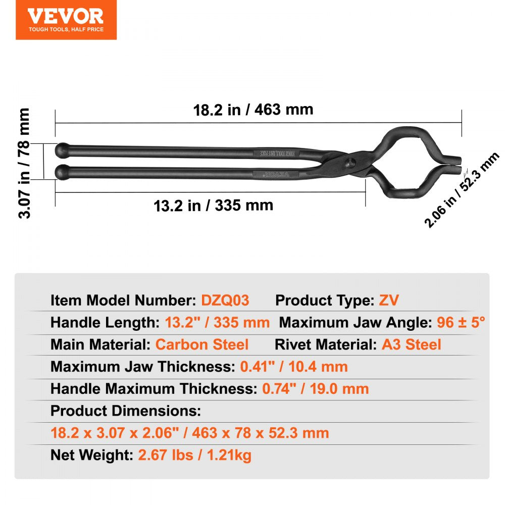 Blacksmith Tongs, 18” Z V-Bit Tongs, Carbon Steel Forge Tongs with A3 Steel Rivets, for Knife Blades, Long Pieces, Circular Forgings, for Beginner and Seasoned Blacksmiths and Bladesmiths