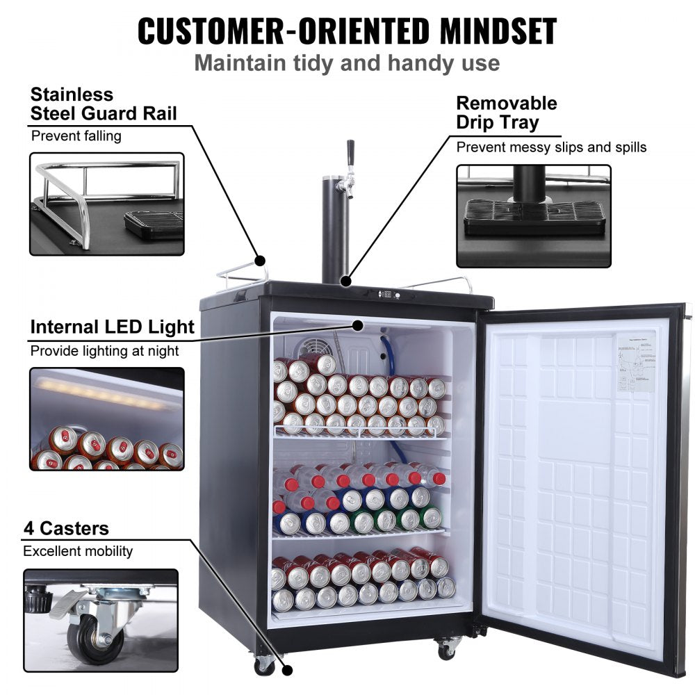 Beer Kegerator, Single Tap Draft Beer Dispenser, Full Size Keg Refrigerator With Shelves, CO2 Cylinder, Drip Tray & Rail, 32°F- 75.2°F Temperature Control, Holds 1/6, 1/4, 1/2 Barrels, Black