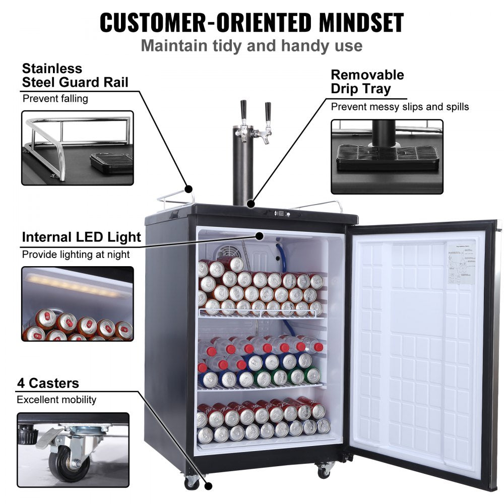 Beer Kegerator, Dual Tap Draft Beer Dispenser, Full Size Keg Refrigerator With Shelves, CO2 Cylinder, Drip Tray & Rail, 32°F- 75.2°F Temperature Control, Holds 1/6, 1/4, 1/2 Barrels, Black