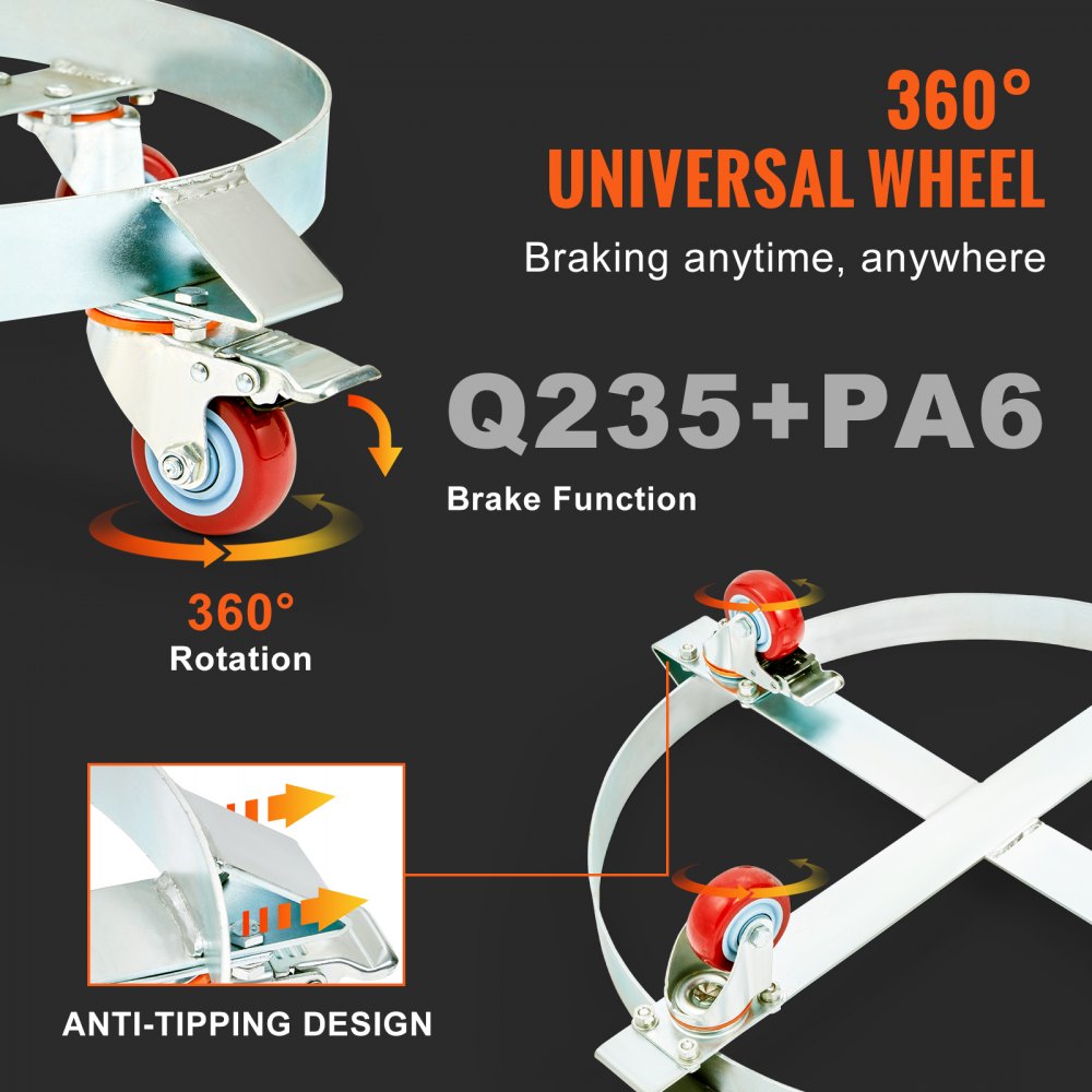 2PCS 55 Gallon Heavy Duty Drum Dolly, 1000 lbs Load Capacity, Barrel Dolly Cart Drum Caddy, Non Tipping Hand Truck Capacity Dollies with Steel Frame 4 Swivel Casters Wheel, for Drum Handling