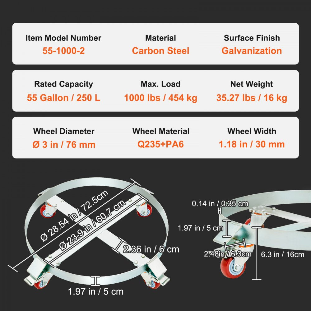 2PCS 55 Gallon Heavy Duty Drum Dolly, 1000 lbs Load Capacity, Barrel Dolly Cart Drum Caddy, Non Tipping Hand Truck Capacity Dollies with Steel Frame 4 Swivel Casters Wheel, for Drum Handling