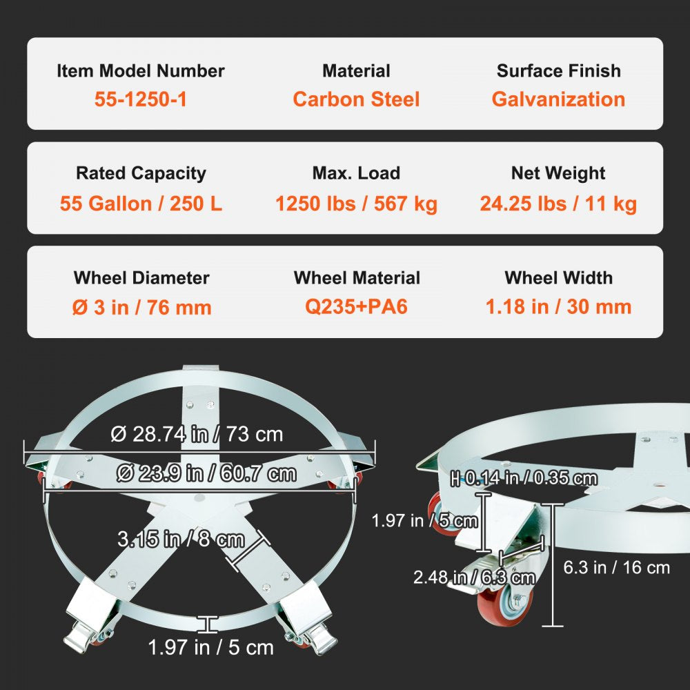 55 Gallon Heavy Duty Drum Dolly, 1250lbs Load Capacity, Barrel Dolly Cart Drum Caddy, Non Tipping Hand Truck Capacity Dollies with Steel Frame 5 Swivel Casters Wheel, for Warehouse Drum Handling