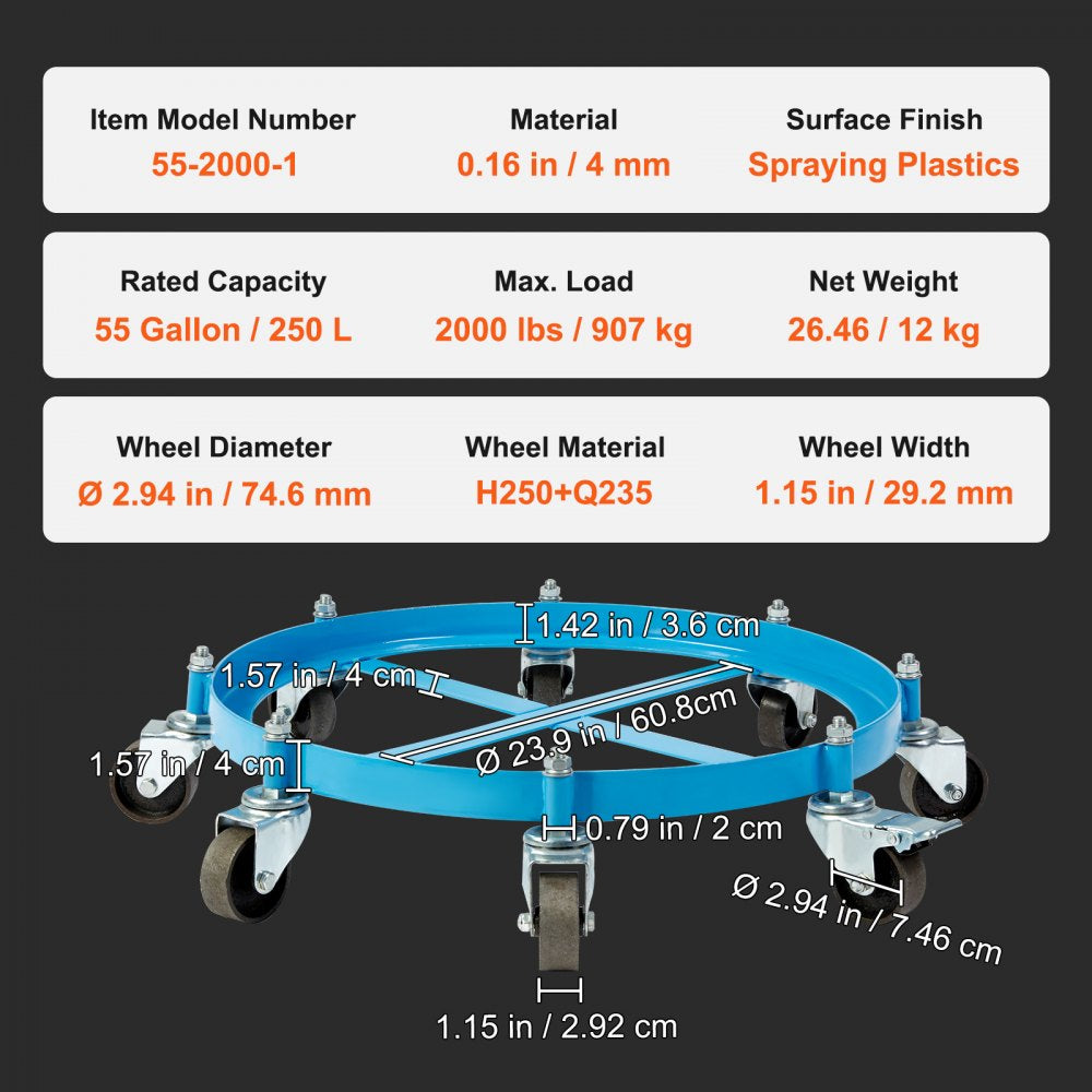 55 Gallon Heavy Duty Drum Dolly, 2000lbs Load Capacity, Barrel Dolly Cart Drum Caddy, Non Tipping Hand Truck Capacity Dollies with Steel Frame 8 Swivel Casters Wheel, for Warehouse Drum Handling