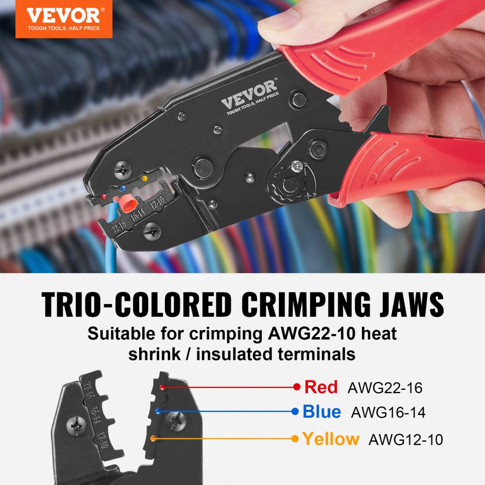 Bostome ratcheting crimping tool set with color-coded jaws and ergonomic handles for precise crimping.