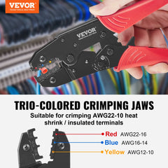 Bostome ratcheting crimping tool set with color-coded jaws and ergonomic handles for precise crimping.