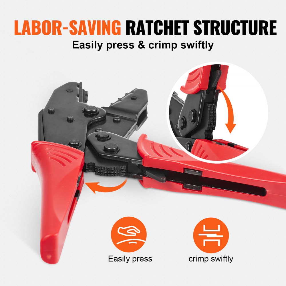 Bostome ratcheting crimping tool set with color-coded jaws and ergonomic handles for easy use.