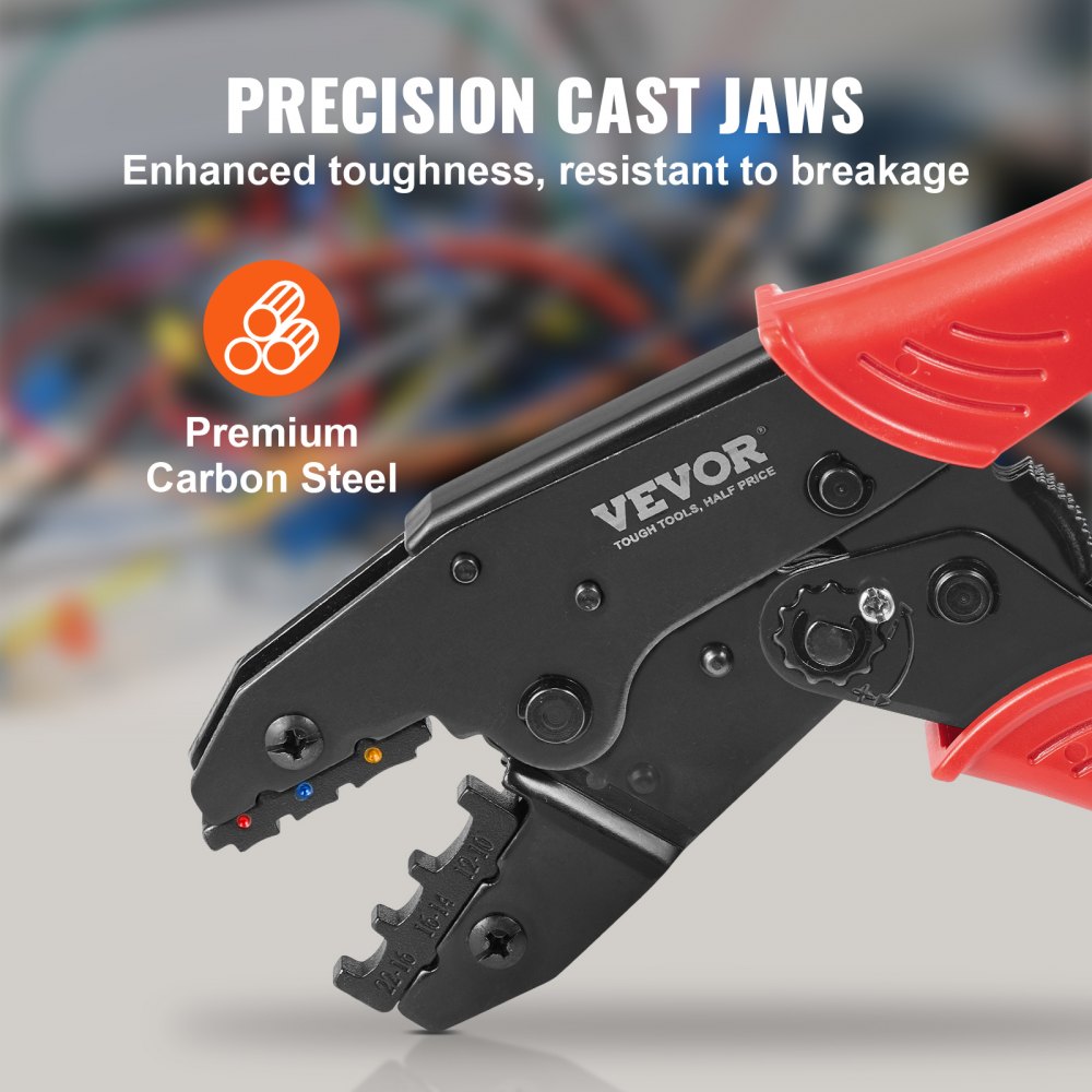 Bostome ratcheting crimping tool set with color-coded jaws and ergonomic handles for easy use.