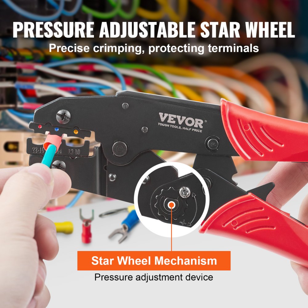 Bostome ratcheting crimping tool set with color-coded jaws and ergonomic handles for precise crimping.