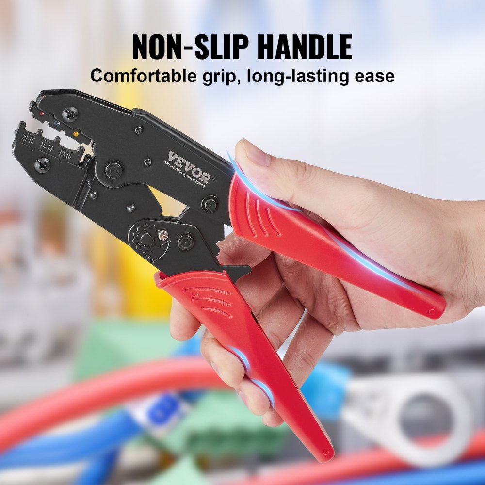 Bostome ratcheting crimping tool set with color-coded jaws and ergonomic handles for easy use.