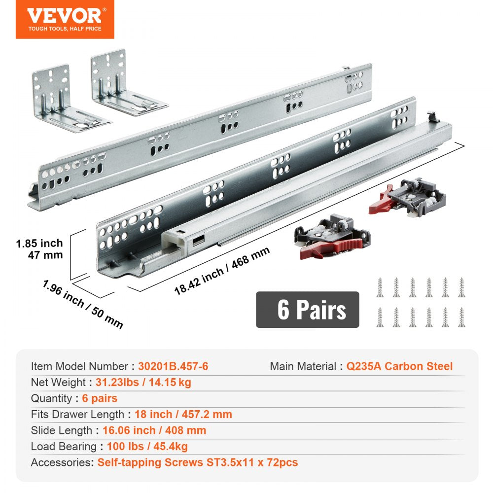 6 Pairs of 18 Inch Drawer Bottom Side Mount Rails, Heavy Duty Full Ball Bearing Extension Steel Track, Soft-Close Noiseless Guide Glides Cabinet Kitchen Runners with Locking Mechanism, 100 Lbs