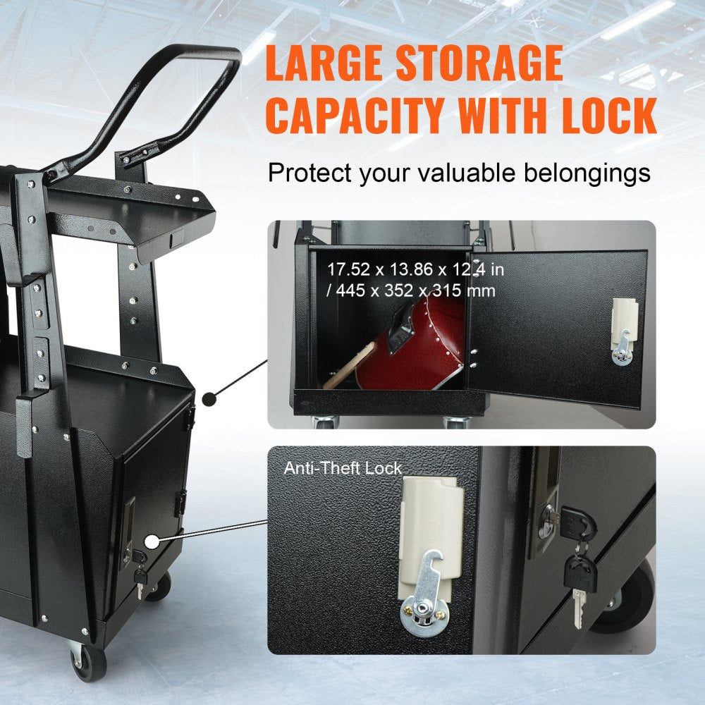 Welding Cart, 2-Tier Heavy Duty Welder Cart with Anti-Theft Lockable Cabinet, 265LBS Weight Capacity, 360° Swivel Wheels, Tank Storage Safety Chains, Welding Cabinet for TIG, ARC, Plasma Cutter