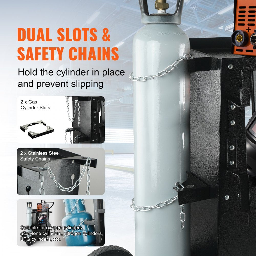 Welding Cart, 2-Tier Heavy Duty Welder Cart with Anti-Theft Lockable Cabinet, 265LBS Weight Capacity, 360° Swivel Wheels, Tank Storage Safety Chains, Welding Cabinet for TIG, ARC, Plasma Cutter