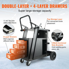 Welding Cart, 2-Tier 4 Drawers Welder Cart with 265 LBS Weight Capacity, 360° Swivel Wheels, Tank Storage Safety Chains, Heavy Duty Rolling MIG Welder Cart for Mig Welder and Plasma Cutter