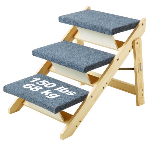 Foldable wooden dog stairs with 3 blue carpeted steps and 150 lbs capacity.