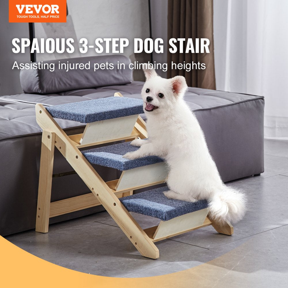 Foldable wooden 3-step dog stairs ramp with a white dog climbing, supporting up to 150 lbs.