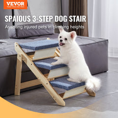 Foldable wooden 3-step dog stairs ramp with a white dog climbing, supporting up to 150 lbs.