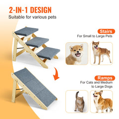 Foldable wooden 2-in-1 dog stairs ramp with 3 steps, shown as stairs and ramp for small to large pets.