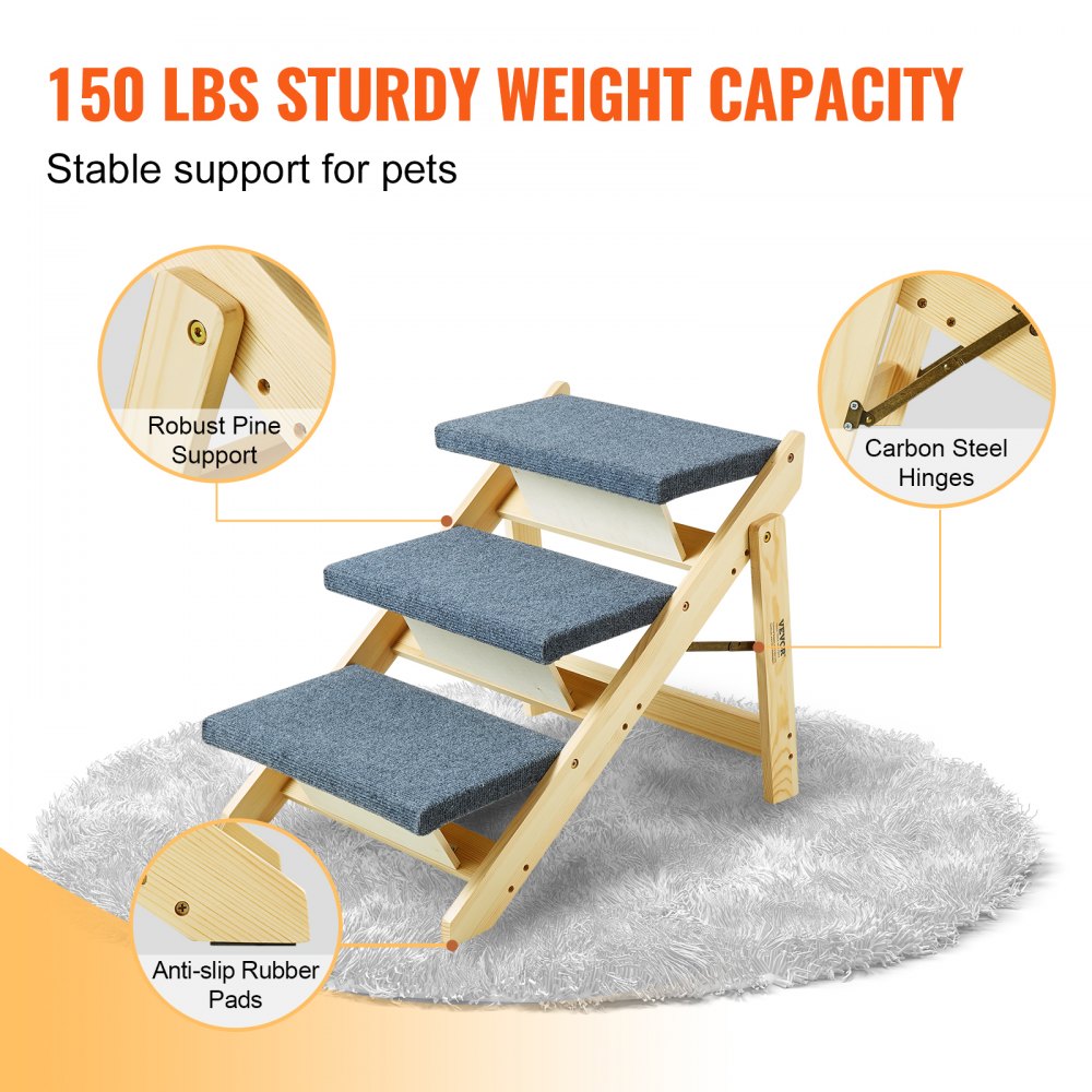 Foldable wooden dog stairs with 3 steps, pine frame, and 150 lbs capacity.