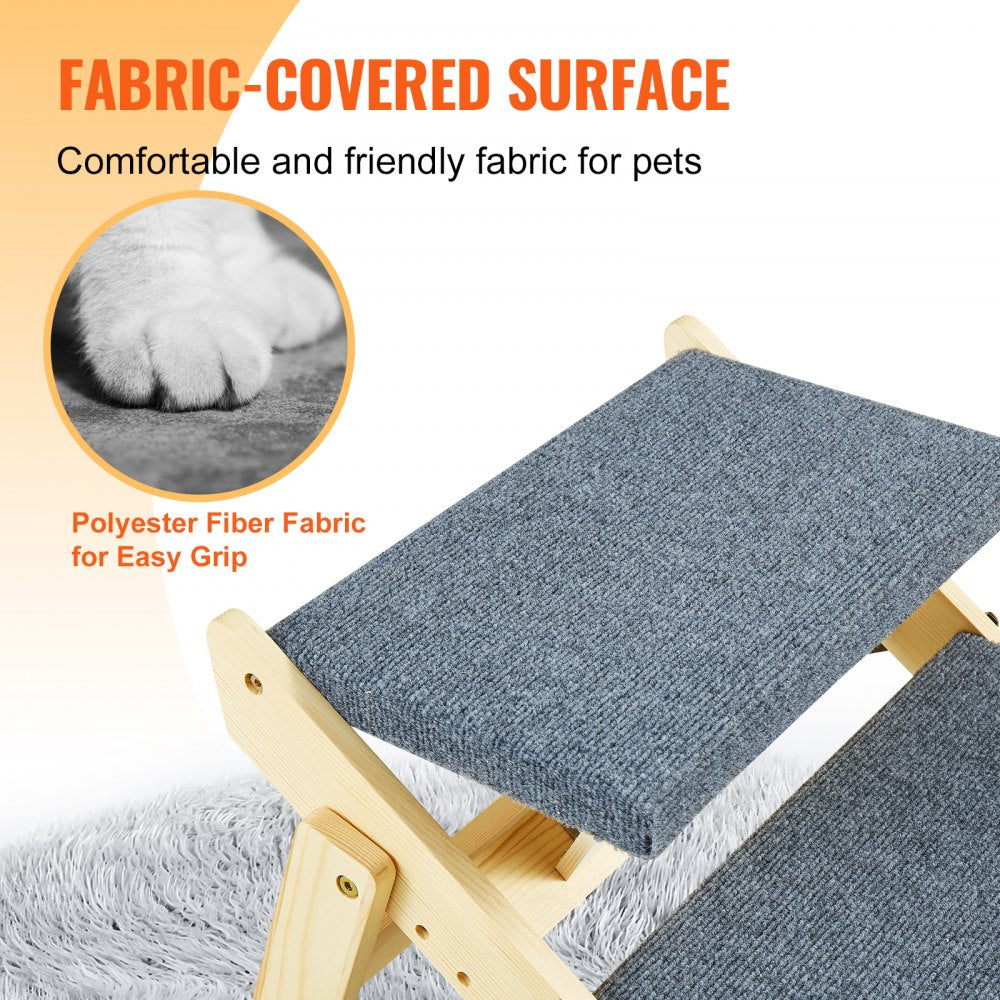 Foldable wooden dog stairs ramp with three steps covered in gray polyester fabric.