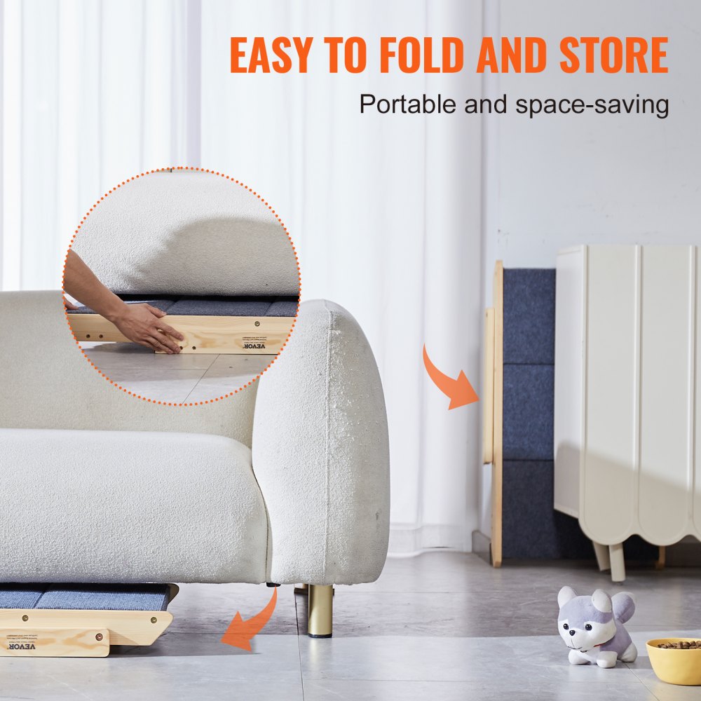 Foldable wooden dog stairs ramp with three steps, shown folding flat for storage.