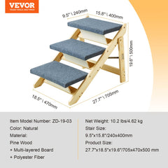 Foldable wooden dog stairs ramp with 3 steps, pine frame, and polyester treads.